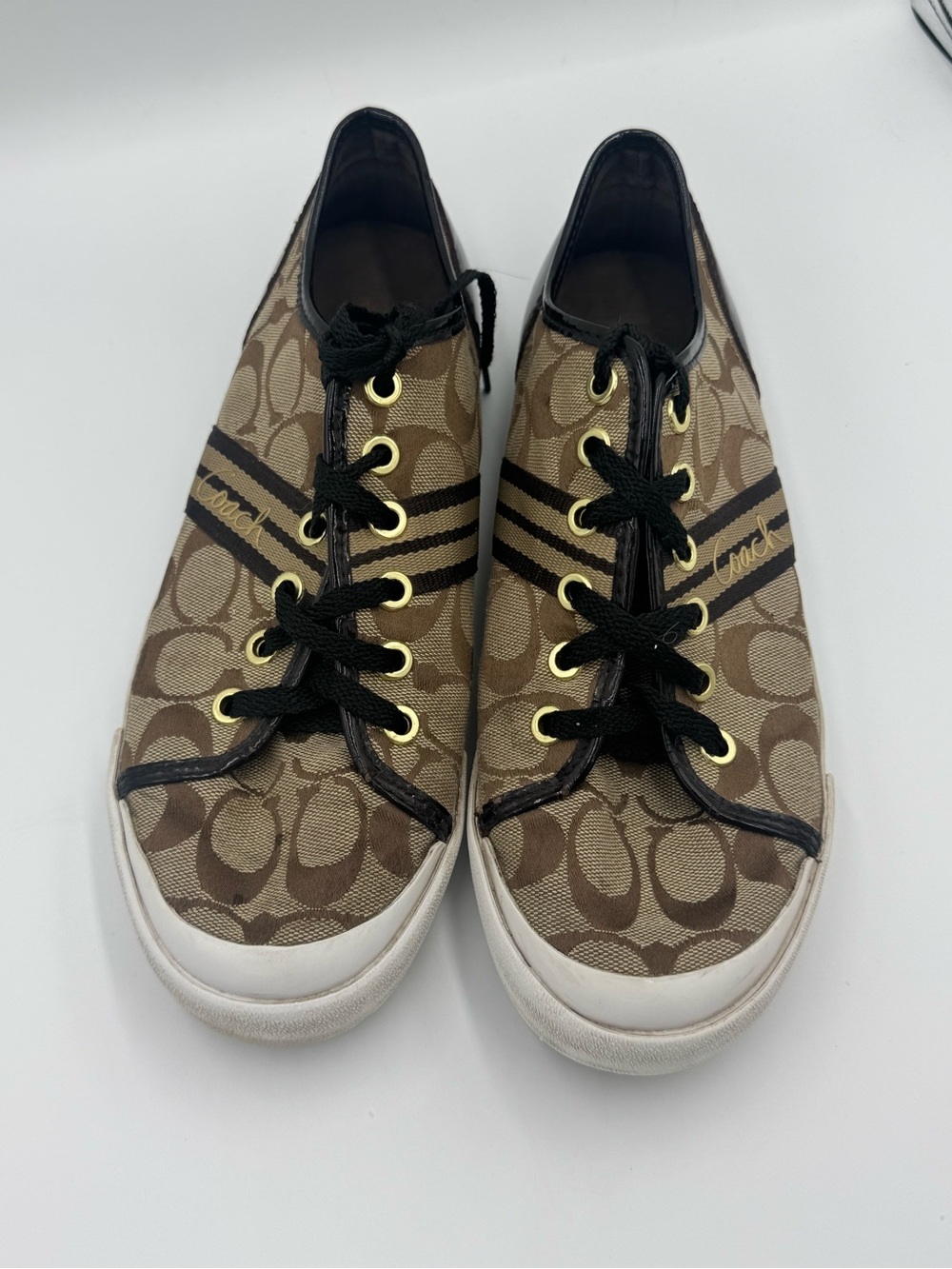 Coach Brown Signature Canvas Low-Top Sneakers with Black Trim - Picture 1 of 15